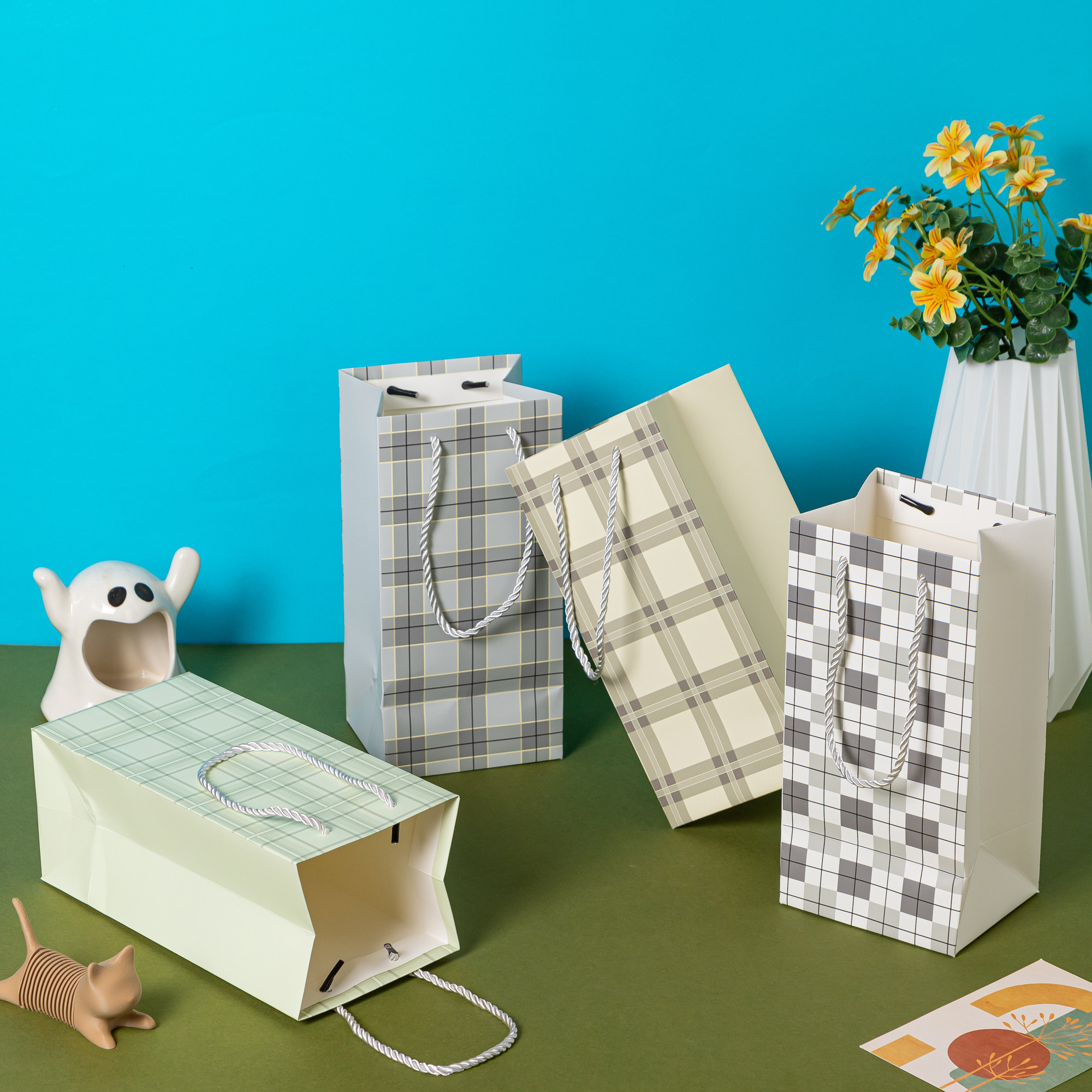 中秋节保温杯手提袋简约格子水杯礼品袋创意商务礼物包装袋纸袋子