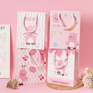 网红loopy粉色海狸礼物包装手提袋生日闺蜜情人节礼品袋加厚纸袋