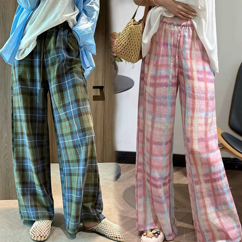 夏季度假慵懒风格子垂感阔腿裤女