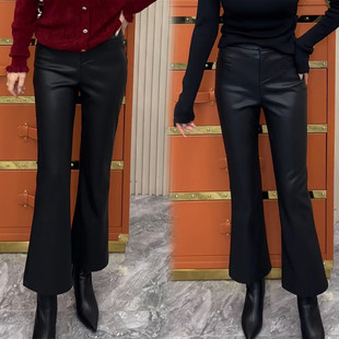 高腰黑色皮裤女冬季加绒小个子蛋白皮微喇叭裤九分裤显瘦百搭保暖