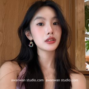 阿婉Wan 素串珠水滴造型耳环百搭耳饰 中古风高级感彩色元