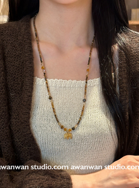 阿婉Wan秋冬美拉德咖色小象天然石串珠项链高级感气质毛衣链配饰