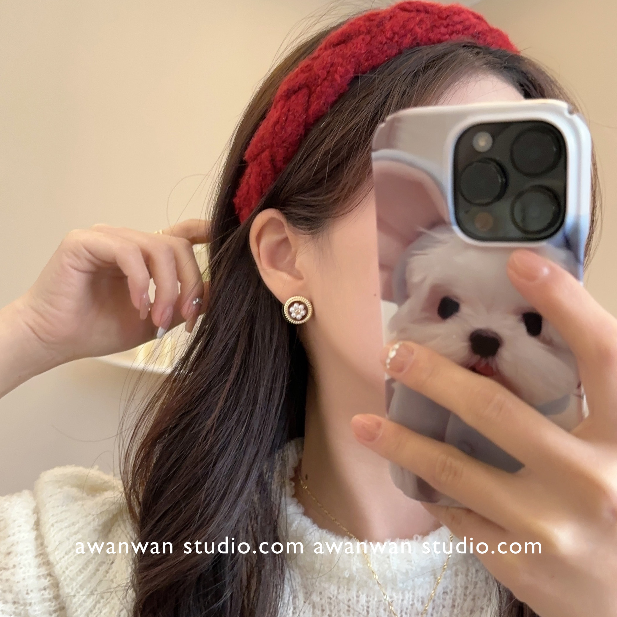 阿婉Wan 高级感复古酒红珍珠耳钉简约圆形无耳洞蚊香盘耳夹耳饰