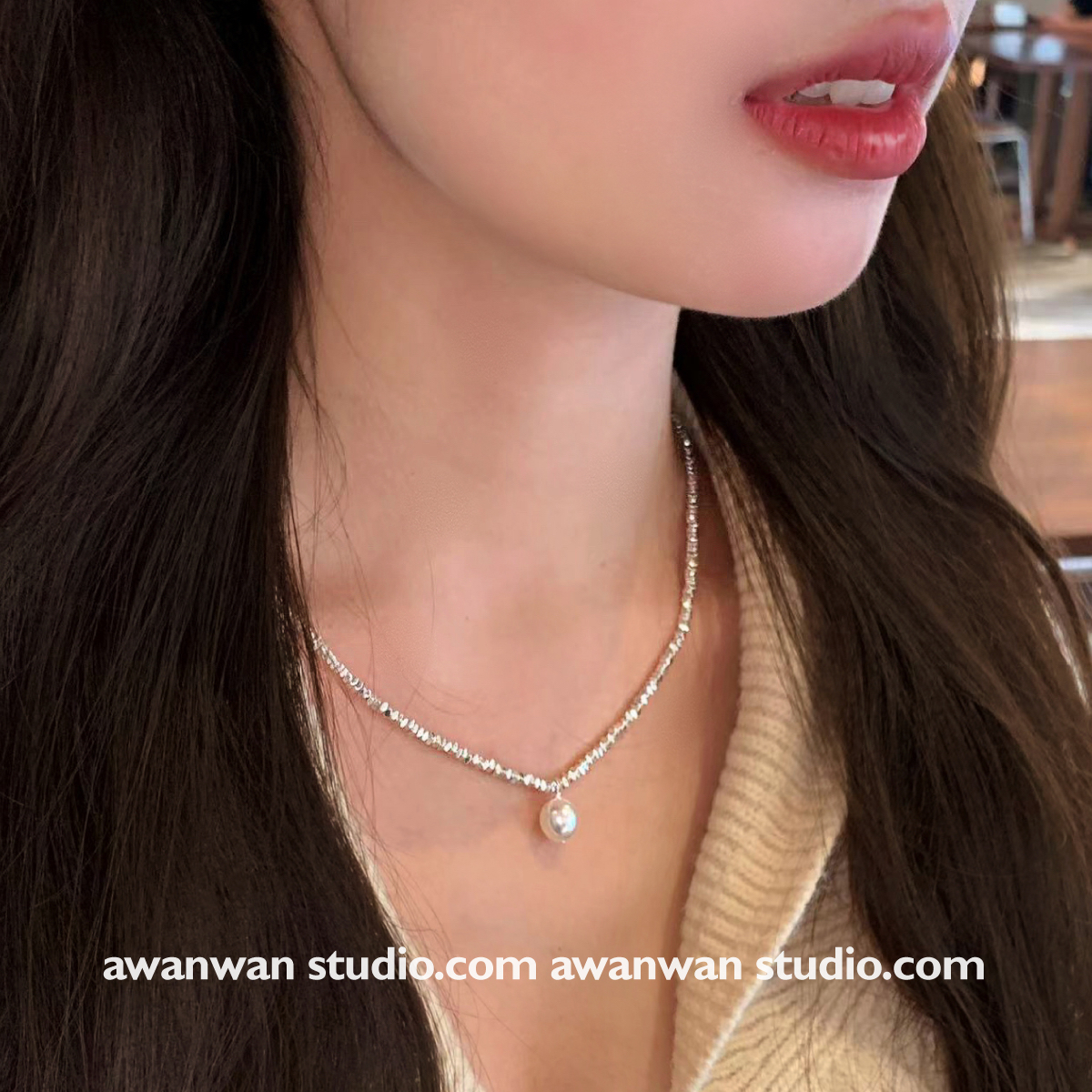 阿婉Wan 法式复古碎银子高亮珍珠吊坠项链优雅精致高级感锁骨链