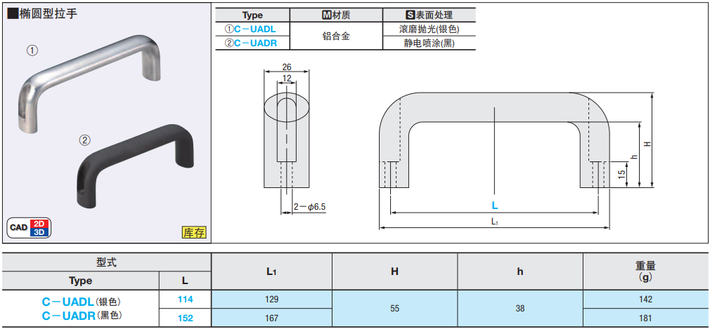 C-UADL114 C-UADL152铝合金椭圆型拉手 C-UADR114/152