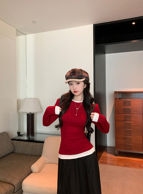 铅笔莓莓红色T恤女正肩保暖2026新款春秋季女装ins时尚百搭打底衫