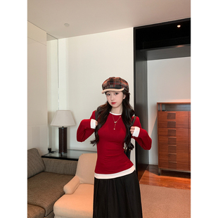 铅笔莓莓红色T恤女正肩保暖2026新款春秋季女装ins时尚百搭打底衫