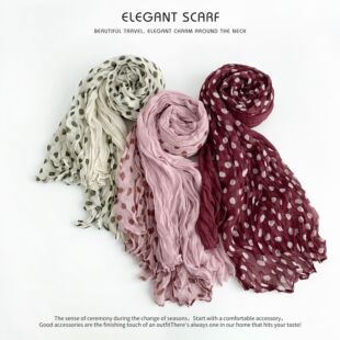 波点围巾棉麻手感拼色复古百搭印花女士长条褶皱薄款围巾披肩两用