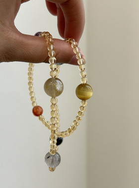 天然三圈黄水晶黑发晶手链