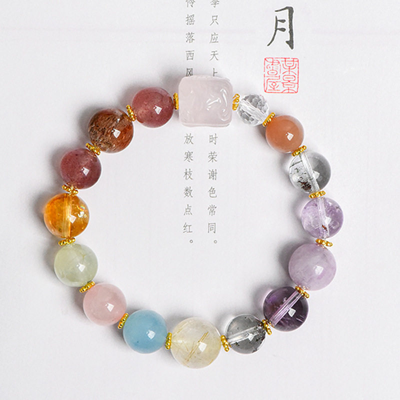 天然多宝草莓晶9mm圆珠单圈手链
