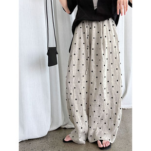 重工亚麻波点刺绣松紧腰薄款棉麻休闲裤女阔腿镰刀裤子百搭长裤