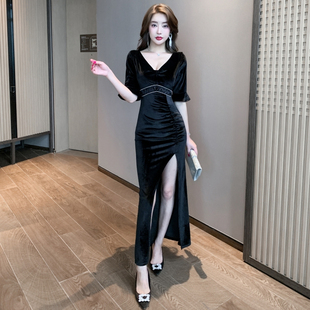 夜总会KTV性感女装连衣裙丝绒长款桑拿技师服公关佳丽晚礼服长裙