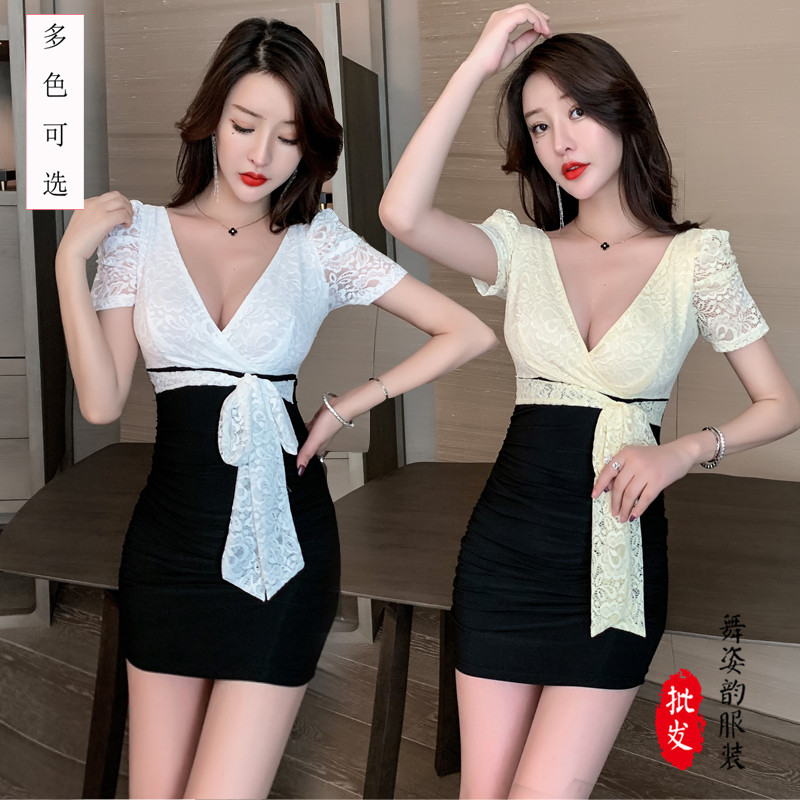 夜场ktv足浴洗浴技师桑拿按摩肚大码深V低胸短裙足疗夜店连衣裙夏