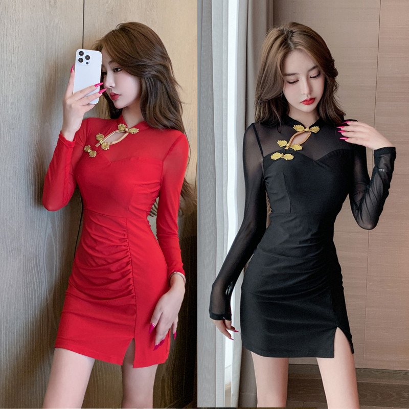 夜店性感女装桑拿技师连衣裙显瘦夜场ktv长袖工作服酒店旗袍短裙