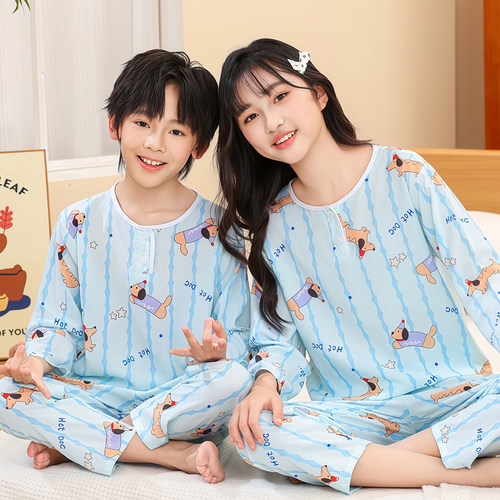 夏天莱赛尔棉绸睡衣空调薄款绵绸睡衣男童女童休闲家居服男孩套装