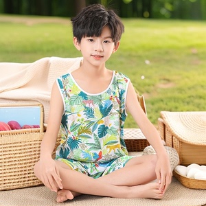 夏季儿童家居服男童女童薄绵绸背心小孩夏天无袖套装宝宝棉绸睡衣