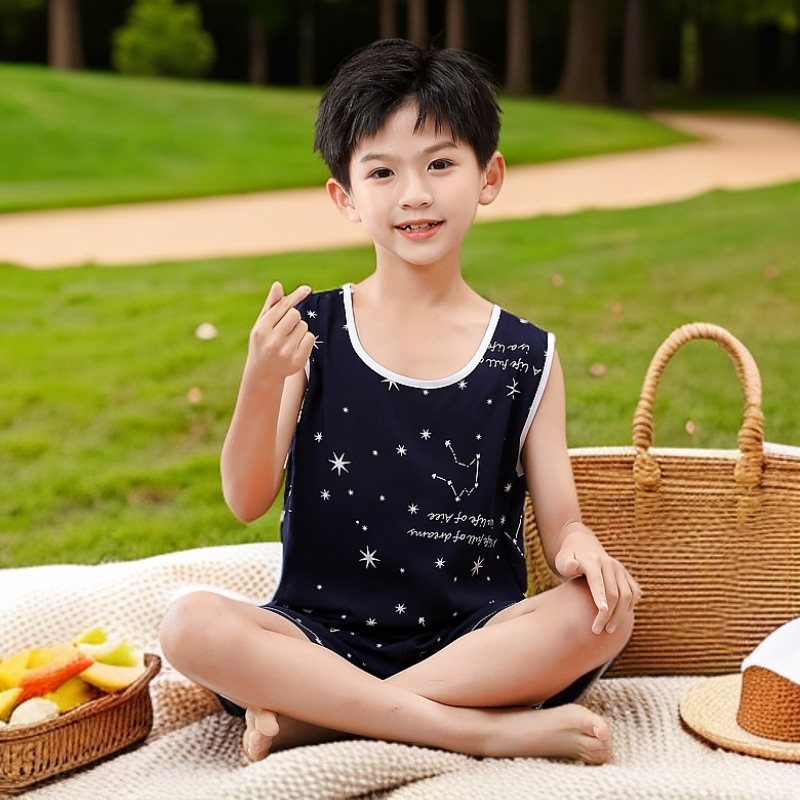 儿童睡衣夏季男童薄款棉绸无袖套装男孩绵绸中小童背心空调家居服