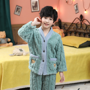 男童舒棉绒儿童睡衣秋冬季中大童男女孩加绒加厚法兰绒保暖居家服