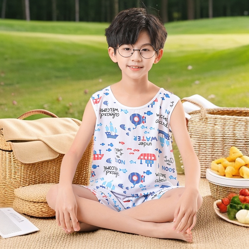 儿童睡衣夏季薄款棉绸夏天背心套装男童夏款绵绸宝宝人造棉家居服