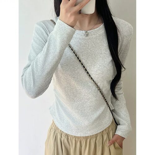 打皱打底衫女士秋冬季新款内搭修身显瘦百搭长袖上衣圆领正肩T恤