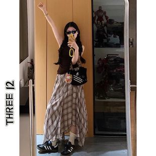 纱裙a字垂感飘逸长裙 ThreeH 美式 高级感浅咖格纹夏季 半身裙女新款