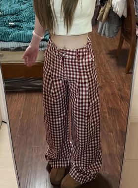 美式复古红色格子休闲裤女夏季百搭新款松弛慵懒感宽松直筒阔腿裤