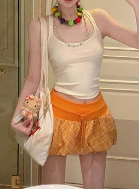 美式复古橙色格纹花苞半身裙女夏季新款绑带多巴胺辣妹度假风短裙