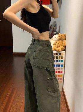 美式复古军绿色工装牛仔裤女2025新款低腰直筒阔腿宽松垂感加长