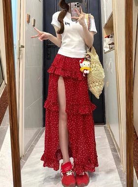 美式复古红色波点长裙开叉蛋糕裙子女夏季百搭宽松显瘦a字半身裙