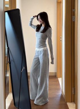 慵懒风灰色高腰蕾丝拼接休闲阔腿裤女2025春季直筒宽松显瘦运动裤