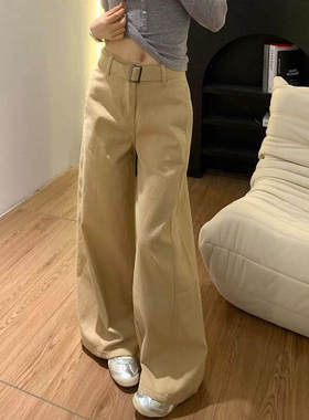美式复古卡其色阔腿牛仔裤女夏季新款高腰宽松设计感直筒拖地裤子