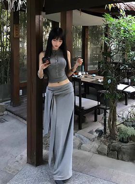 ThreeH 美式复古灰色高腰绑带针织半身裙女25夏季修身包臀裙长裙