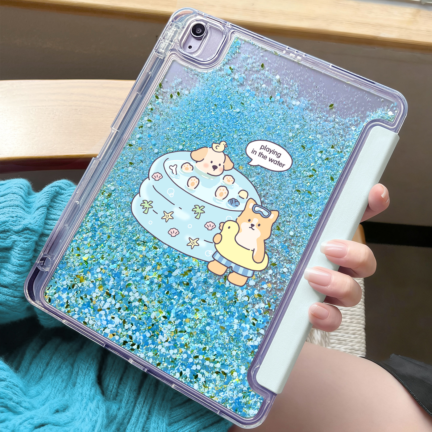 ipad带笔槽Y折背面蓝金流沙壳