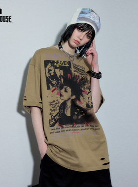 YUKAHOUSE 原创印花T恤美式复古亚文化短袖上衣白咖色男女夏季款