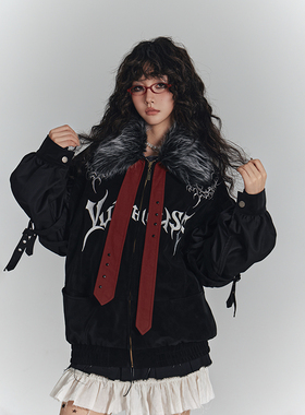 YUKAHOUSE 原创美式刺绣毛领棉服亚比Y2K宽松百搭外套女上衣秋冬