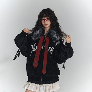 YUKAHOUSE 原创美式刺绣毛领棉服亚比Y2K宽松百搭外套女上衣秋冬