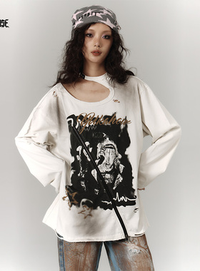 YUKAHOUSE 美式破坏长袖T恤复古脏洗做旧上衣破洞白色女春夏新款