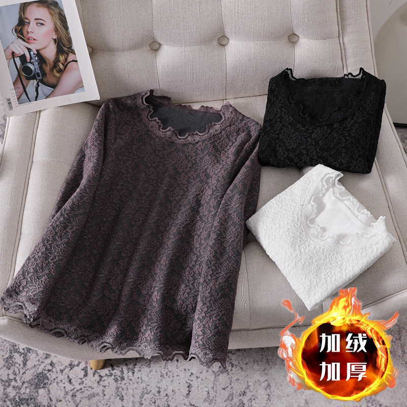 薄绒长袖蕾丝打底加厚圆领加绒衫