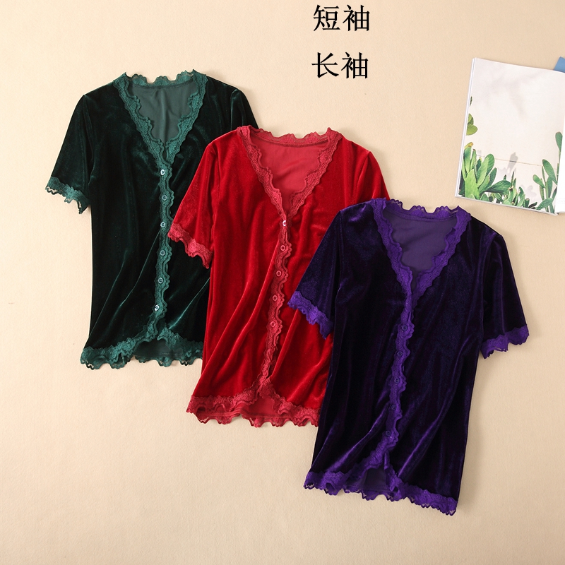 金丝绒优雅蕾丝边开衫短袖小披肩
