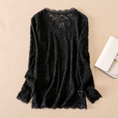 无暇清仓春秋法式 女别致内搭上衣包臀 气质V领加衬蕾丝中长打底衫