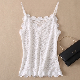 欧美温柔风高档次蕾丝镂空无内衬性感吊带春夏清凉大码 遮肚上衣女