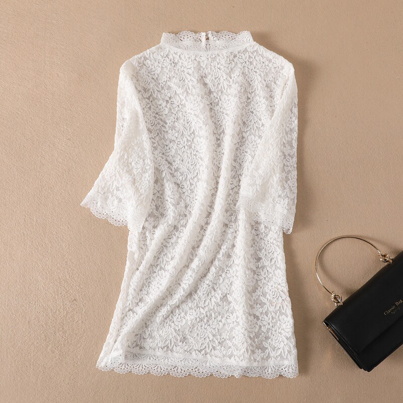 春秋性感蕾丝打底衫小立领五分袖内搭修身弹力气质中袖女人味大码