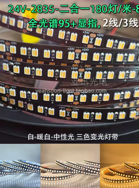 led全光谱高亮SMD贴片灯带2835三色变光二三线180灯双色温灯条24v