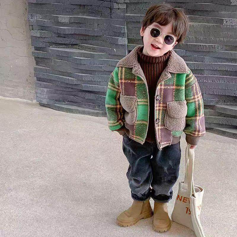 男童加绒外套儿童秋冬装宝宝新款女童格子翻领夹克中小童韩版衣服