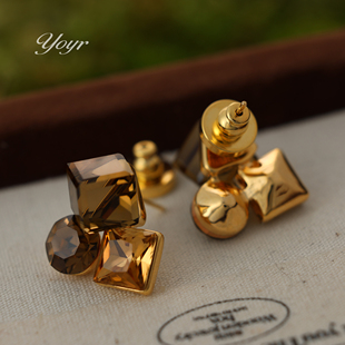 YOYR茶色三钻耳钉新年礼物喜庆年味儿轻奢气质精品耳环925银针