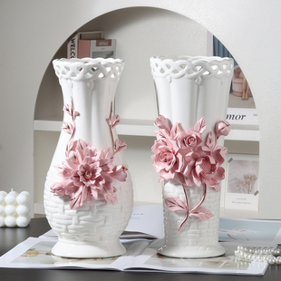 欧式浮雕手工捏花高级陶瓷花瓶送礼佳品客厅摆件水培鲜花装饰品