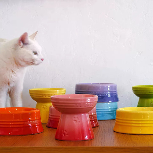 酷彩高脚碗猫狗碗陶瓷宠物碗釉下彩护颈防打翻吃粮罐头喝水食盆