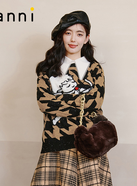 tanni25秋款宽松通勤小众设计撞色显瘦中长款针织衫女TL31KN049A