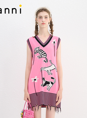 tanni甜美俏皮减龄中长款无袖提花针织V领连衣裙TN11KN202A