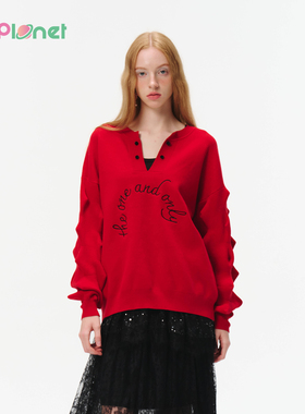 【胡可专属】innplanet25冬新款红色V领字母印花针织衫PO31KN036A